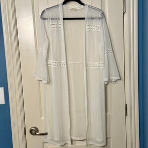 Ember White Sheer Lace Mesh Longline Kimono Cardigan Duster Coverup Boho
